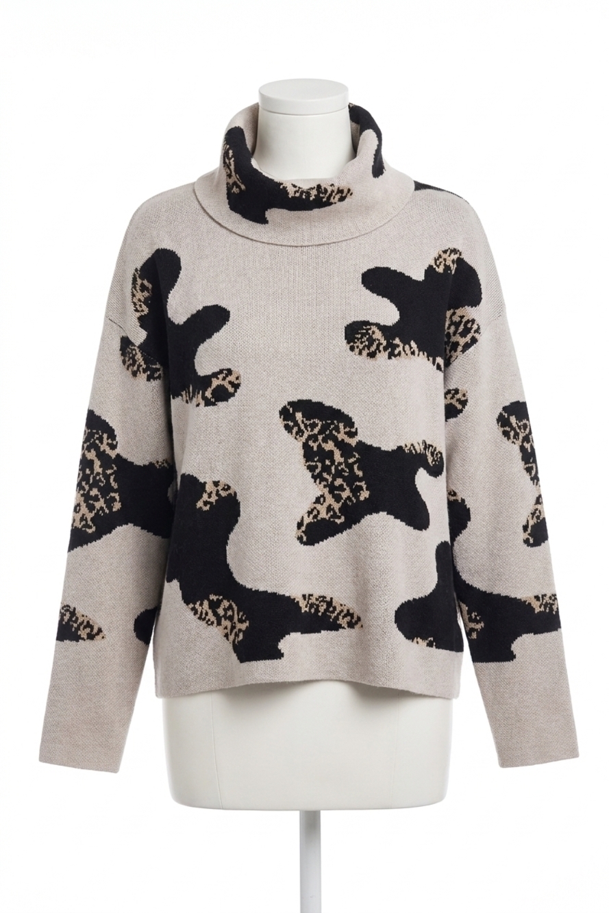 NEW TRIBAL intarsia knit cowl neck abstract print sweater in camel